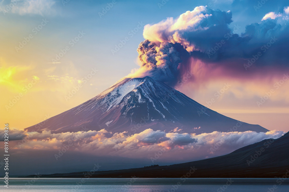 Smoking Volcano During Sunset