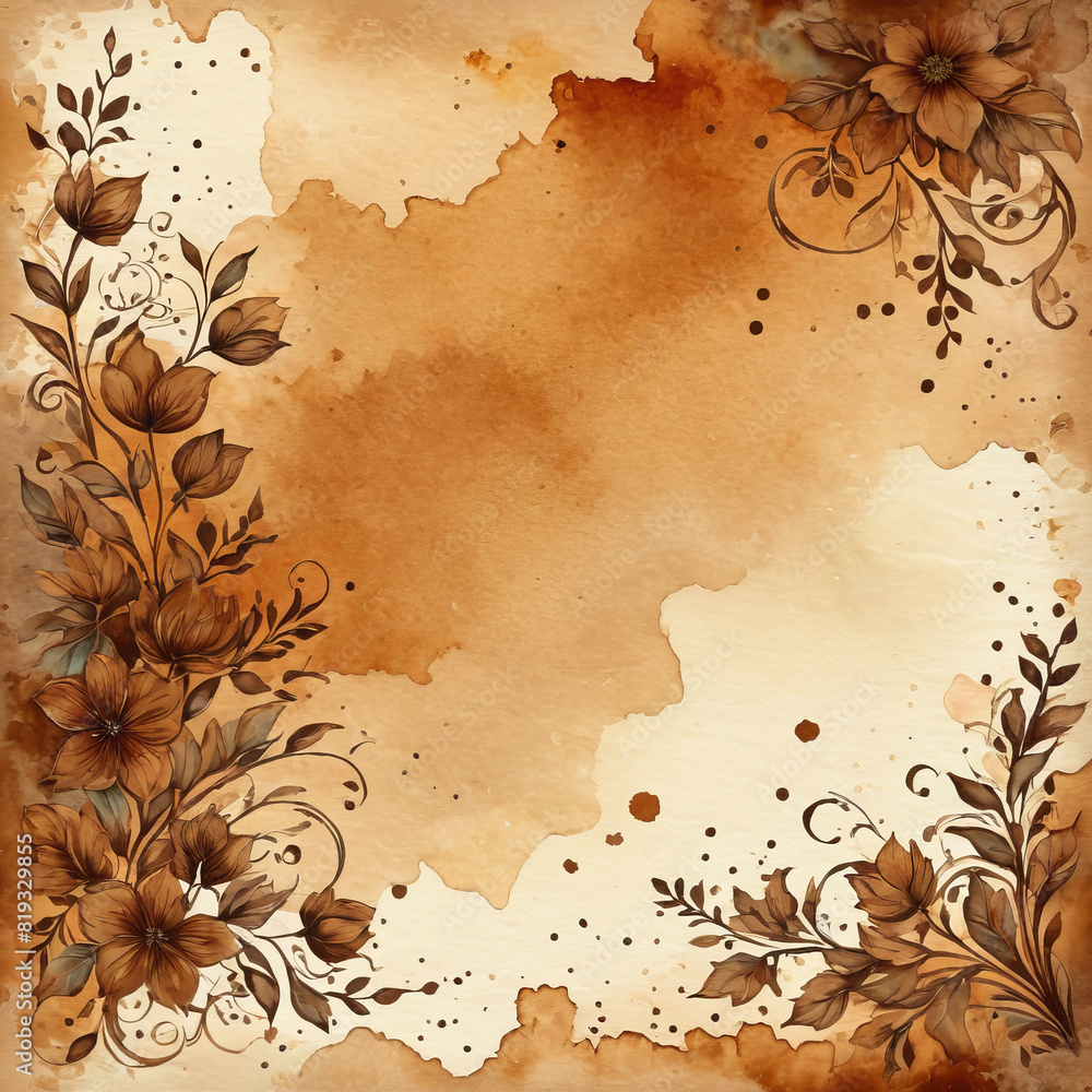 Brown Tea Stained Background paper, Brown Flower Border, Illustration, Generative AI Brown Tea Stained Background paper, Brown Flower Border, Illustration, Generative AI