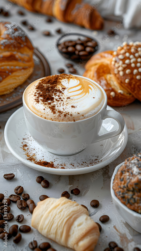 a cup of coffee (cappuccino) with foam and a pattern, sweets, fresh pastries and berries on the table a cup of coffee (cappuccino) with foam and a pattern, sweets, fresh pastries and berries on the table