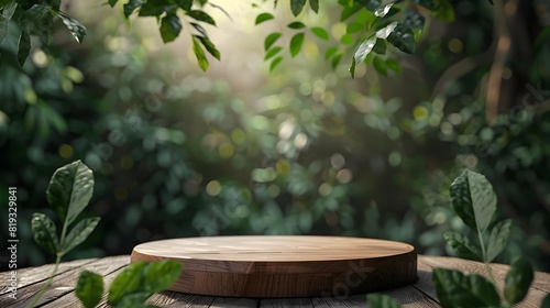 Wooden product display podium with blurred nature leaves background. 3D rendering 