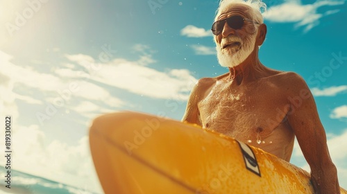 Sporty grandfather surfing on sunny beach at summer. Active senior lifestyle concept