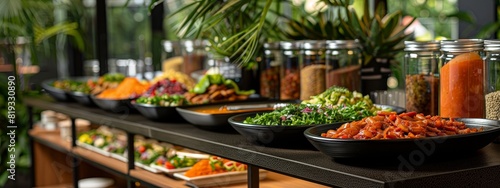 Buffet with range of chili condiments and sauces for customizing plates at sleek modern setting photo