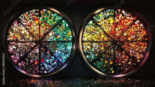 Abstract stained glass painting representing the four seasons as quadrants of a circle , Rembrandt Lighting, minimalist, geometric shapes