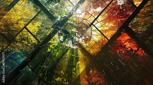 Abstract stained glass painting representing the four seasons as quadrants of a circle , Rembrandt Lighting, minimalist, geometric shapes photo
