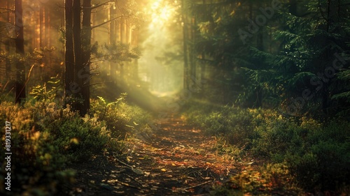 Sunlit forest trail with lush greenery and dappled lighting