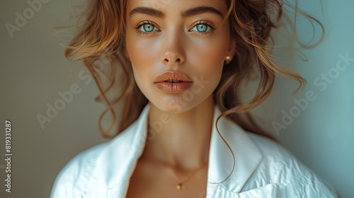 portrait of beautiful caucasian sun-kissed high society young woman wearing tailored white jacket photo