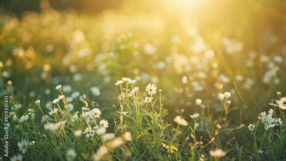 Sunlit wildflowers in lush grassy field during golden hour Sunlit wildflowers in lush grassy field during golden hour