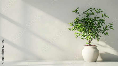 Sunlit potted plant casting shadows on white wall