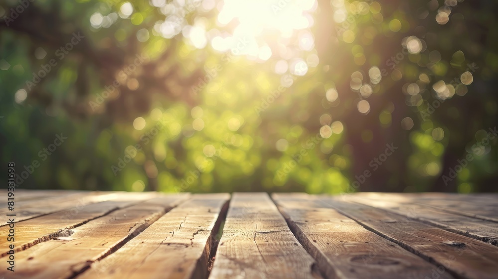 Wooden deck with sunlight and green blurred trees, nature background Wooden deck with sunlight and green blurred trees, nature background