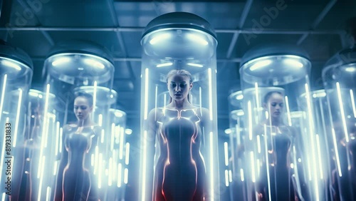 Human clone factory, Human in the capsules, capsule with human woman body inside	