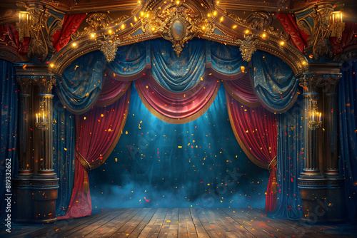 interior design, empty ornate vintage theater stage with red and blue curtains, gold filigree decoration, glowing lights, falling confetti, atmosphere of mystery and magic, photorealistic // ai-genera
