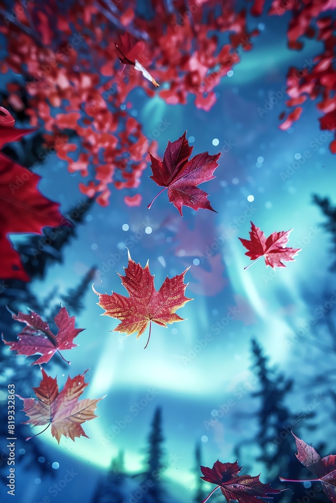 Canada A serene landscape with vibrant maple leaves and abstract northern lights Canada A serene landscape with vibrant maple leaves and abstract northern lights