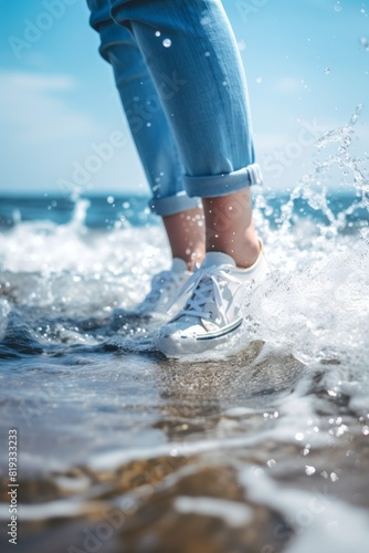 female feet in the sand on the beach Generative AI