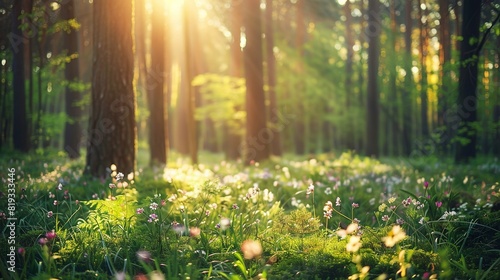   The sun illuminates the forest's verdant landscape, casting rays through swaying trees, onto lush green grass, and vibrant wildflowers on this bright summer's photo