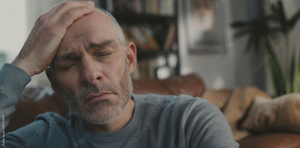 Obraz premium Middle-Aged Man Holding Head in Stress