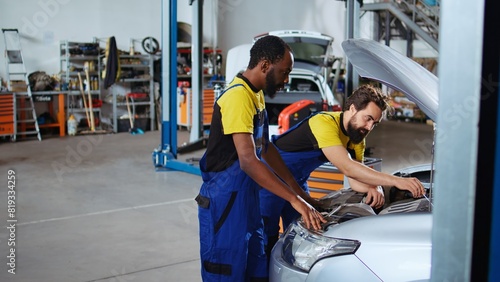 Trained technicians in auto repair shop working together on fixing car, discussing best options. Professional and colleague collaborating on servicing broken vehicle, checking for defective components