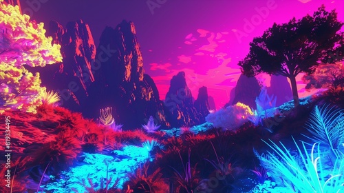 A digital wilderness alive with the thrum of neon energy, its vibrant colors casting a surreal glow upon the landscape. photo