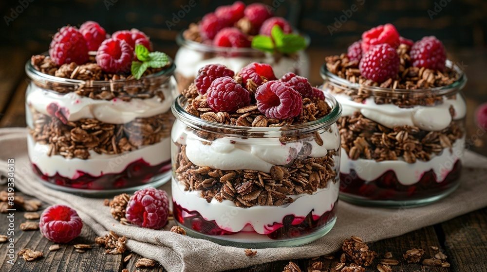 A glass jar holding a collection of raspberry-topped yogurts sits on a wooden table A glass jar holding a collection of raspberry-topped yogurts sits on a wooden table