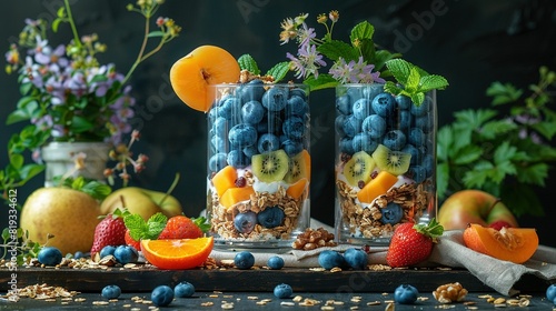  Two glass jars brimming with granola  fruit  and nuts adorn a table beside a bouquet of blossoms
