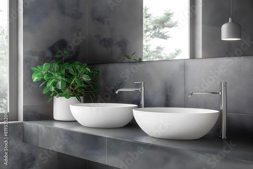 Contemporary round bathroom sink with grey marble tiles and a smooth silver faucet  ideal for adding a touch of modern sophistication to any interior space