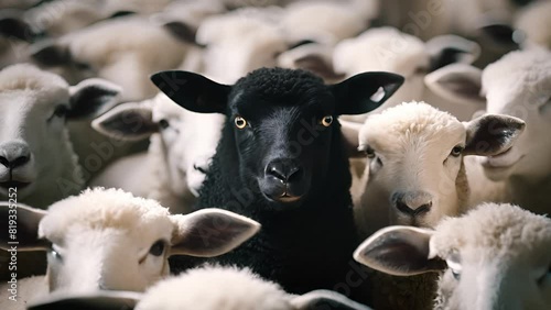 A black sheep among a flock of white sheep, standing out from the crowd.	