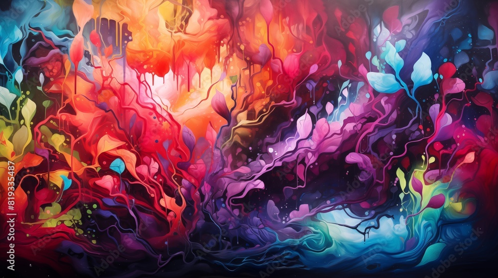 Vibrant and Dynamic Abstract Painting with Leaves and Swirling Patterns
