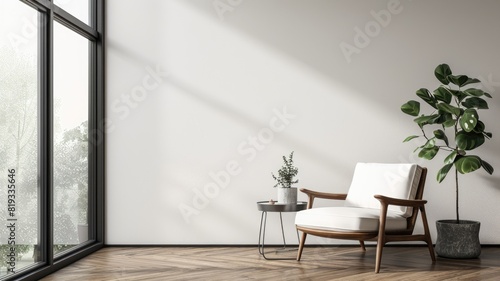 Minimalist living room with cozy chair  plant  and side table near large window