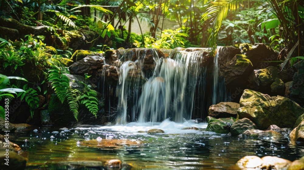 Tranquil waterfall in lush tropical garden with sunlight Tranquil waterfall in lush tropical garden with sunlight