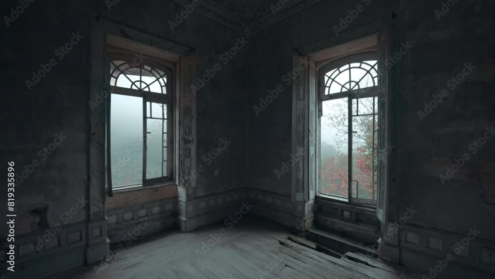 Old art nouveau room of an abandoned building with broken windows and trees, vegetation an nature outside in a foggy, raining and cloudy day (4K, ProRes 422 HQ, Dolly travelling camera movement) Old art nouveau room of an abandoned building with broken windows and trees, vegetation an nature outside in a foggy, raining and cloudy day (4K, ProRes 422 HQ, Dolly travelling camera movement)