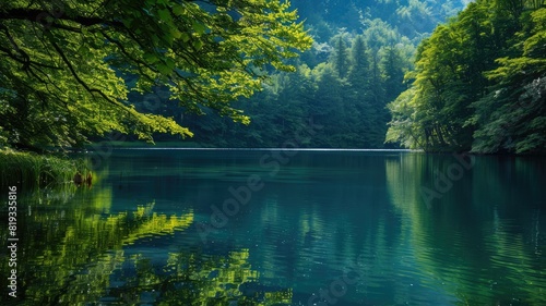 Lush green trees overhang serene  reflective lake surrounded by forest