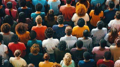 Diverse, multicultural crowd seen from behind, standing close together in colorful casual clothing