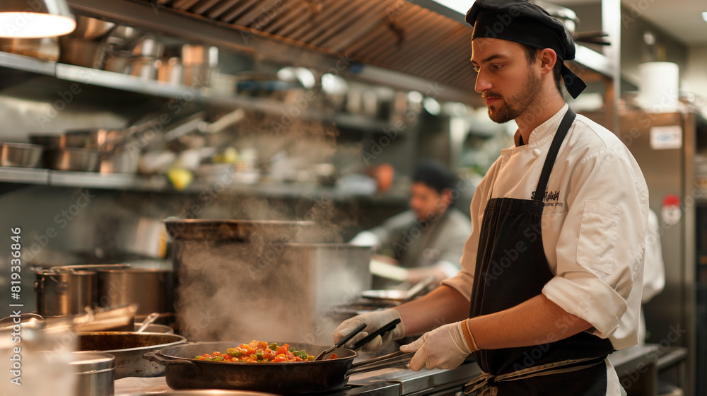 A chef wearing a black hat cooks in the restaurant's kitchen A chef wearing a black hat cooks in the restaurant's kitchen