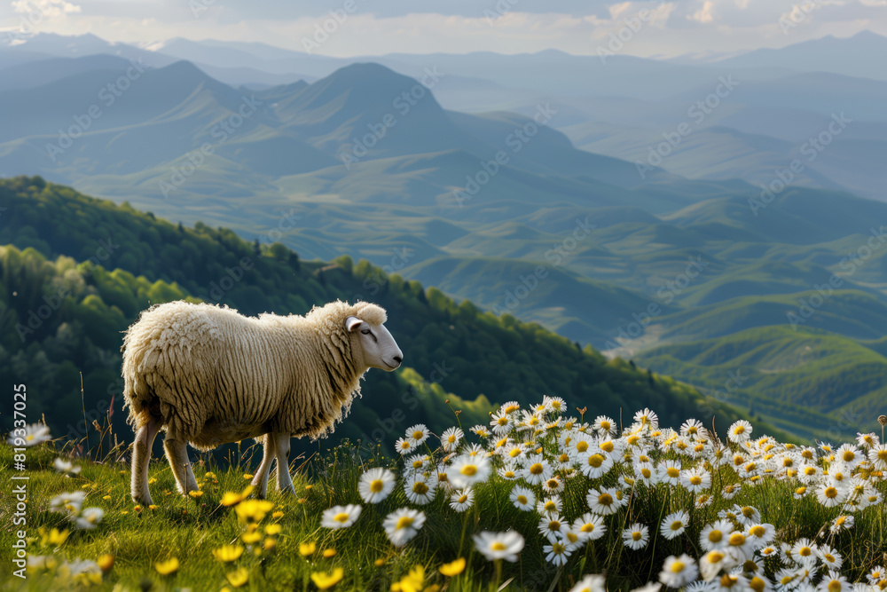 Fototapeta premium A sheep is standing in a field of flowers