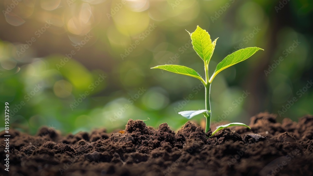 Close-up of small green plant sprouting from soil, with blurred natural background Close-up of small green plant sprouting from soil, with blurred natural background