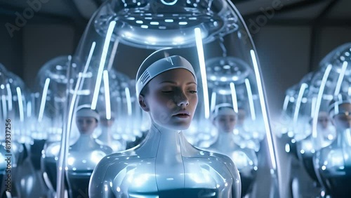 Human clone factory, Human in the capsules, capsule with human woman body inside	 photo