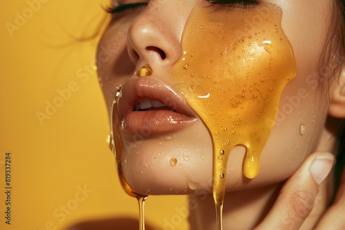 Beauty, A close-up of a woman applying honey to her face, focusing on her glossy lips and glowing skin.
