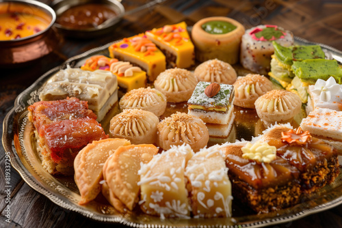 A tray of assorted Indian desserts, including cakes and pastries photo