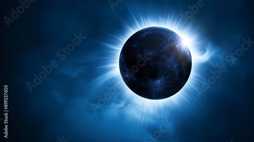 Solar eclipse with bright corona effect in the night sky. Majestic eclipse phenomena with glowing solar light. Concept of astronomical event  celestial wonder. Space for text