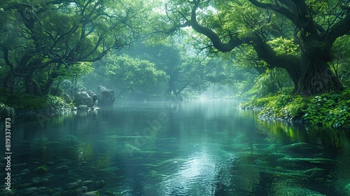 alien Japanese old olive forest with amazing river and old village in a lonely planet