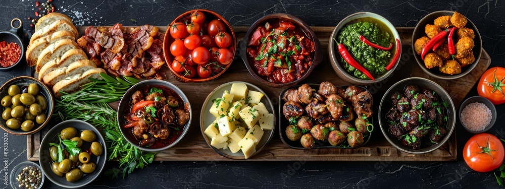 Chili pepper-themed tapas spread with spicy olives, meatballs, and cheeses for communal dining