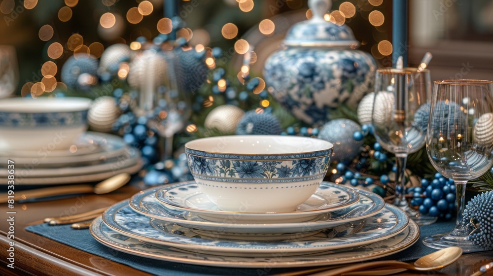 Serving holiday table with white and blue colors Serving holiday table with white and blue colors