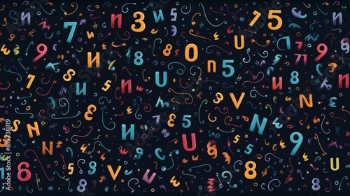 Abstract Image, Colorful Letters and Numbers, Pattern Style Texture, Wallpaper, Background, Cell Phone and Smartphone Cover, Computer Screen, Cell Phone and Smartphone Screen, 16:9 Format - PNG