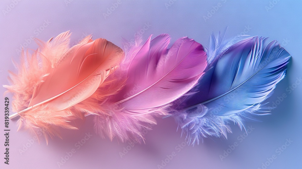 A trio of feathers rests atop a blue-pink table beside a pink-blue wall A trio of feathers rests atop a blue-pink table beside a pink-blue wall