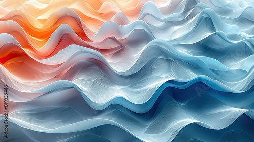 an abstract image of various waves, in the style of organic shapes and curved lines, data visualization, muted colorscape mastery, light blue and orange,