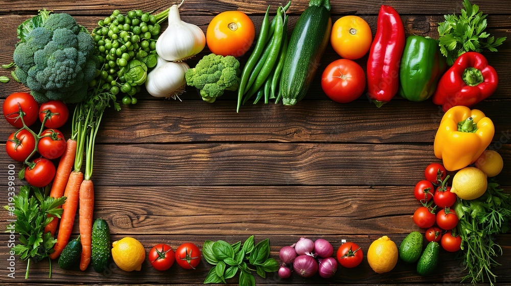 Rectangle-shaped arrangement of fruits and vegetables on wood plank surface Rectangle-shaped arrangement of fruits and vegetables on wood plank surface