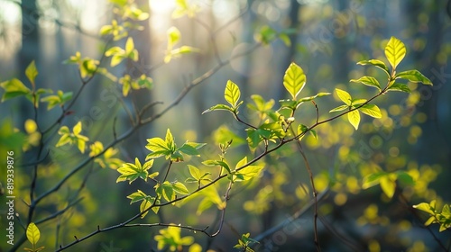  a tree branch with vibrant green foliage against a hazy backdrop of verdant trees