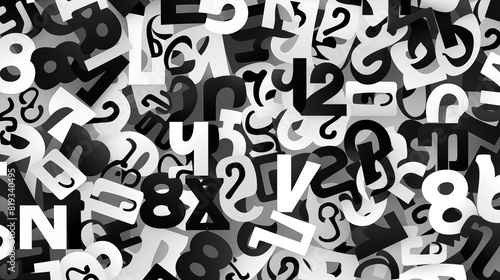 Abstract Image, Black and White Letters and Numbers, Pattern Style Texture, Wallpaper, Background, Cell Phone and Smartphone Cover, Computer Screen, Cell Phone and Smartphone Screen, 16:9 Format - PNG photo