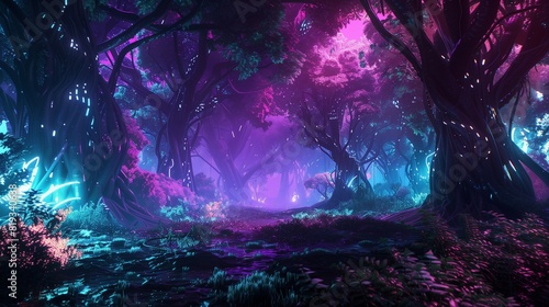 A futuristic woodland pulsating with the hum of neon energy, its vibrant hues casting an ethereal glow upon the forest floor. photo