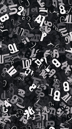 Abstract Image, Black and White Letters and Numbers, Pattern Style Texture, Wallpaper, Background, Cell Phone and Smartphone Cover, Computer Screen, Cell Phone and Smartphone Screen, 9:16 Format - PNG