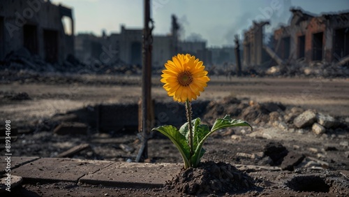 AI generated illustration of a delicate flower with a destroyed city in the background photo